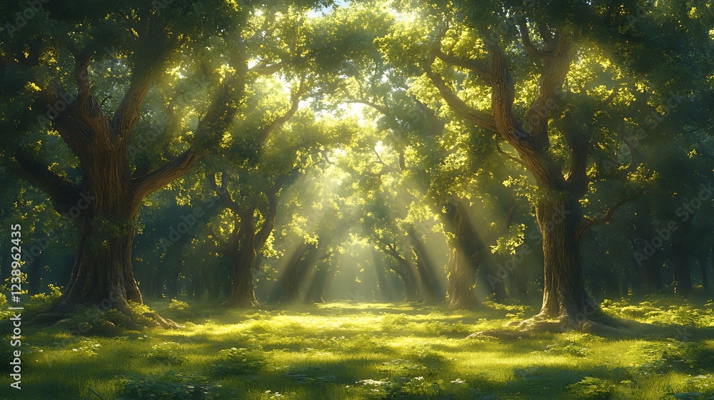 Sunbeams illuminate tranquil forest path; nature background for game design Sunbeams illuminate tranquil forest path; nature background for game design