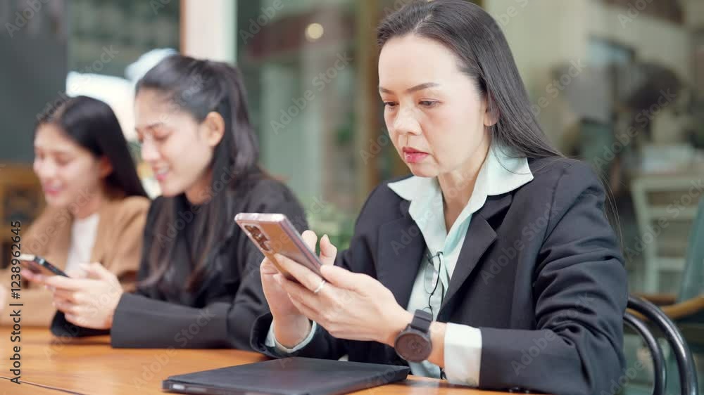 Three women sitting at a table, one of them looking at her phone. Scene is casual and relaxed, as the women are not engaged in any formal or serious activity Three women sitting at a table, one of them looking at her phone. Scene is casual and relaxed, as the women are not engaged in any formal or serious activity