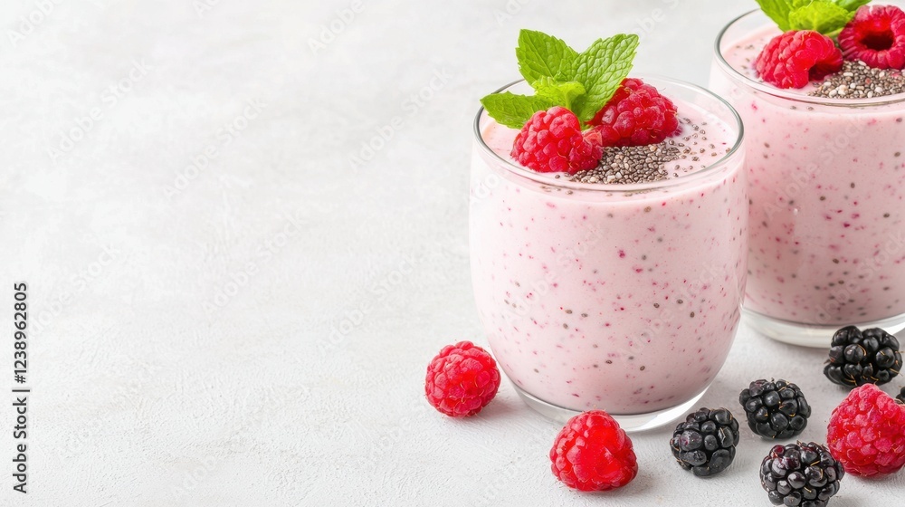 Fresh Berry Smoothie with Raspberries and Blackberries in Glass Cups on Light Background Fresh Berry Smoothie with Raspberries and Blackberries in Glass Cups on Light Background