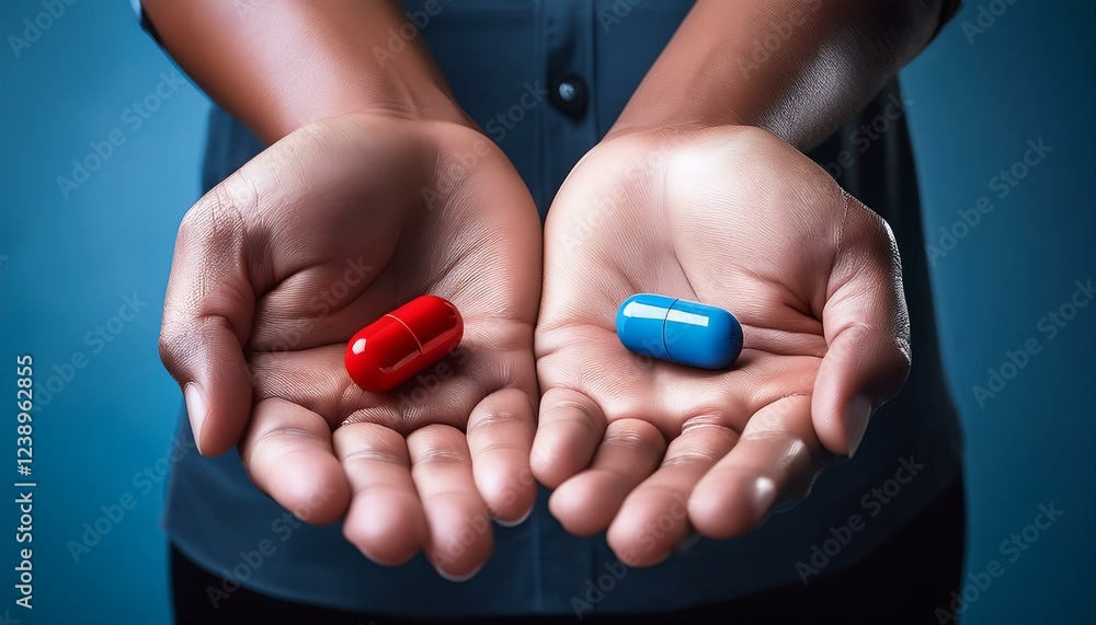 outstretched hands holding a red pill and a blue pill representing a choice between two alternatives outstretched hands holding a red pill and a blue pill representing a choice between two alternatives