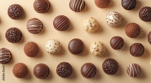 set of different types of chocolate pralines, top view, on a beige background. Confectionery advertising photo