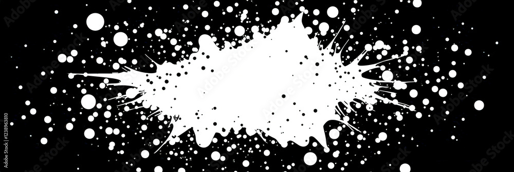 Obraz premium The design features an energetic white paint splatter against a deep black background, emphasizing texture and artistic expression in a vibrant contrast