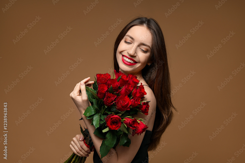 Happy Valentine's Day. Beautiful woman with bouquet of roses on brown background Happy Valentine's Day. Beautiful woman with bouquet of roses on brown background