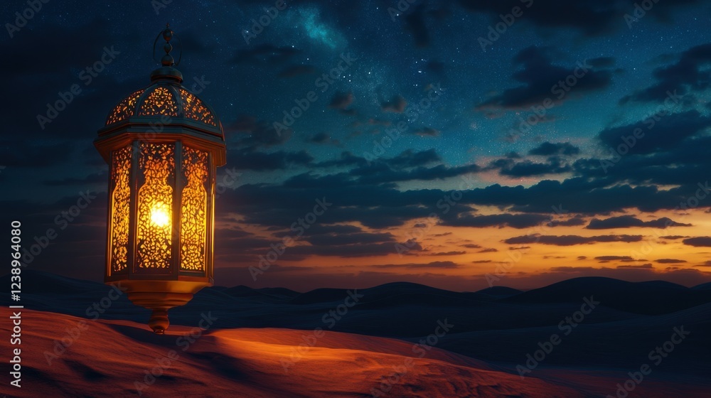 Fototapeta premium Magical lantern glowing in the desert under starry night sky