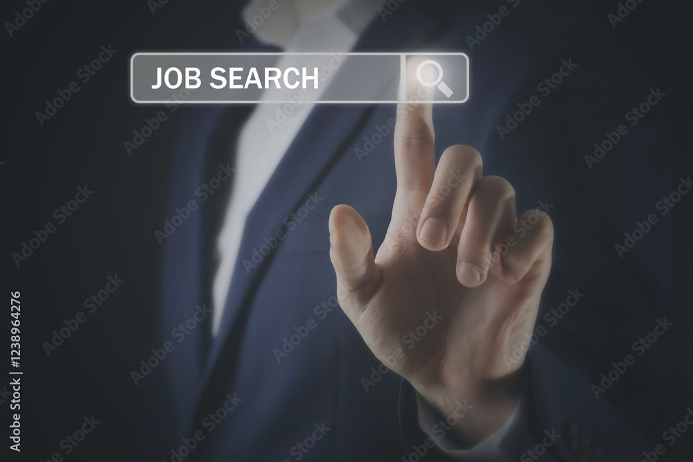 Job search. Businessman touching virtual search bar on black background, closeup Job search. Businessman touching virtual search bar on black background, closeup