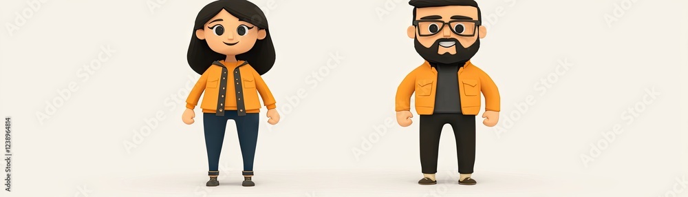 Cartoon couple, orange jackets, studio, website avatar Cartoon couple, orange jackets, studio, website avatar