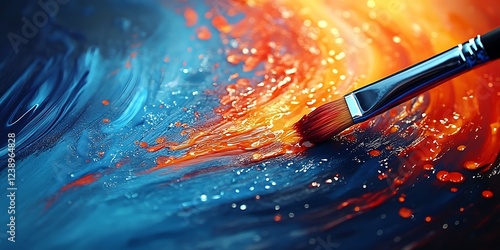 Hand with glove holding paint brush with rainbow color paint splash on white wall background. Roller Brush Painting, Worker painting on steel surface wall by the roller brush for protection
