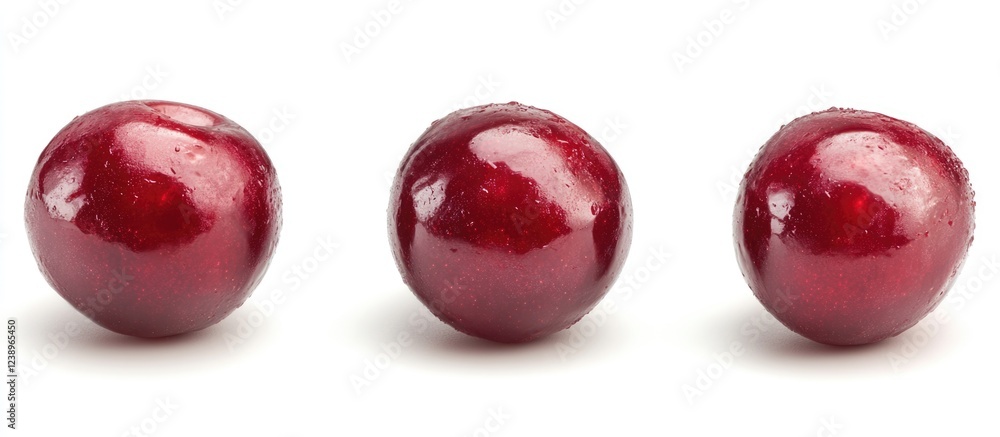 Three shiny red cherries arranged in a row on a plain white background with copy space for text placement.