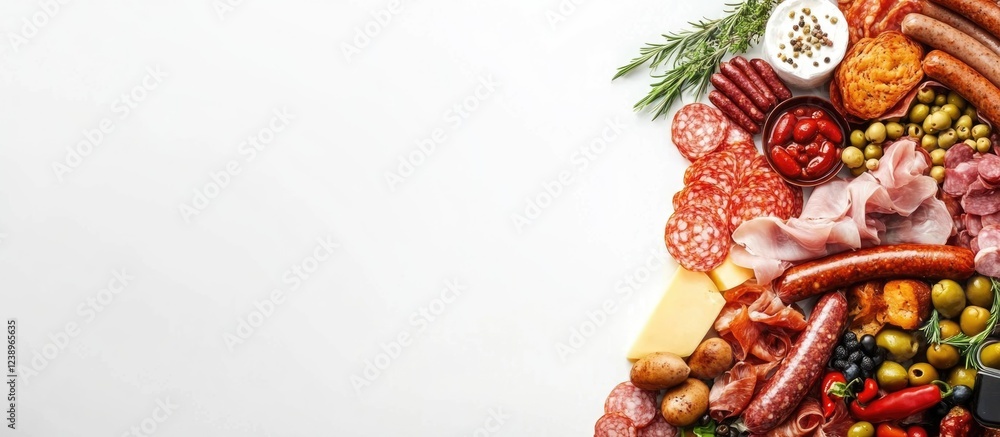 Assorted cured meats cheeses and olives on wooden board with herbs isolated on white background Copy Space
