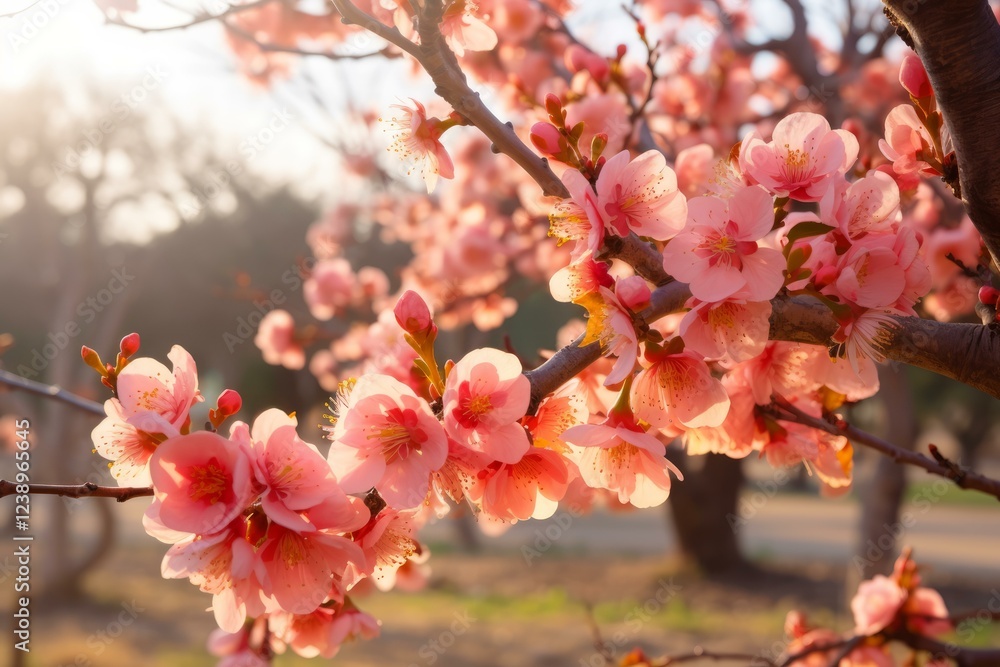 Peach flowers blooming in beautiful pink color during spring season, illuminated by warm sunlight Peach flowers blooming in beautiful pink color during spring season, illuminated by warm sunlight