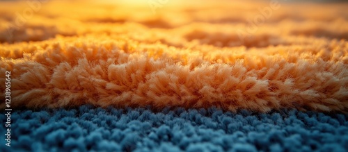 Close-up of textured orange and blue shaggy rug with warm lighting and soft fibers, ideal for interior design and home decor backgrounds Copy Space