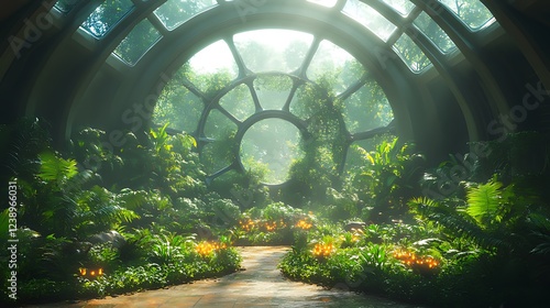Sunlit indoor jungle path, futuristic dome, plant growth, botanical garden