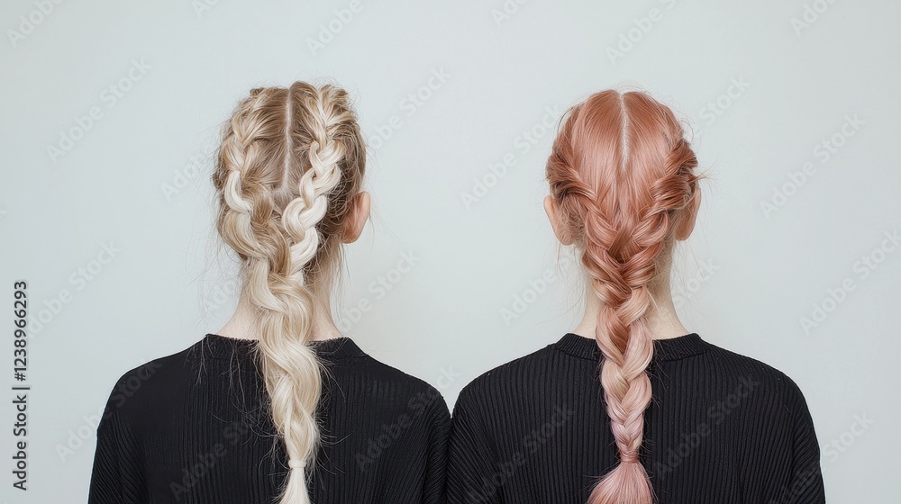 Fototapeta premium Two Stylish Women with Braided Hairstyles from Behind Facing Camera