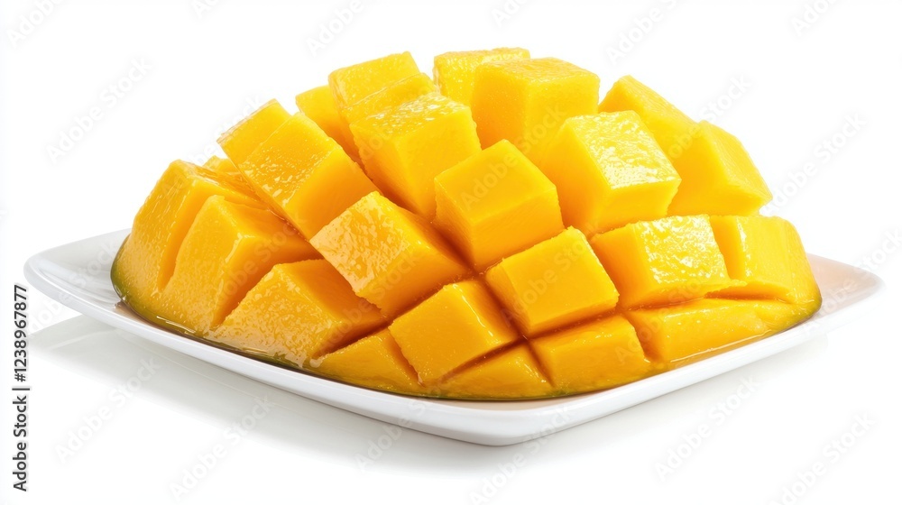 Fresh Diced Mango Cubes on White Plate for Delicious Tropical Fruit Dish Fresh Diced Mango Cubes on White Plate for Delicious Tropical Fruit Dish