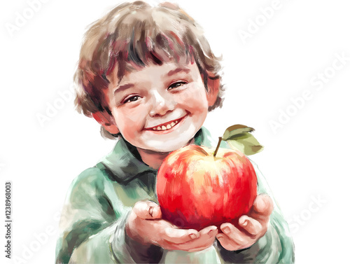Smiling boy offering a red apple, water color protrait, isolated on transparent background, PNG, cut out