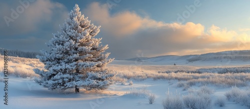 Snowy landscape featuring a single frosted evergreen tree with a backdrop of rolling hills and a colorful sky at dawn Copy Space photo