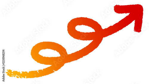 右上へ2回転した上昇矢印　勢いのあるマジックの手描き風　オレンジと赤のグラデーションver.