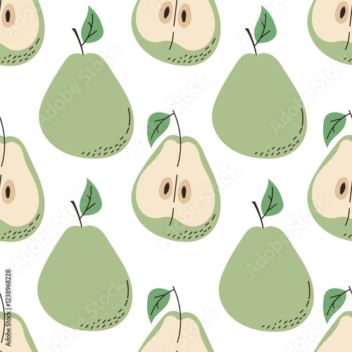 while and sliced pears, vector seamless pattern of green pears on white background
