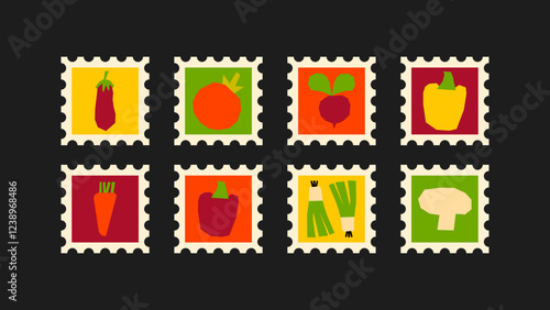 Vegetable stamp set- cabbage, tomato, avocado, rs, celery, carrots, pepper. Includes postage stamp or poster designs of vegetarian farm products from the garden hand-drawn in flat and naive style