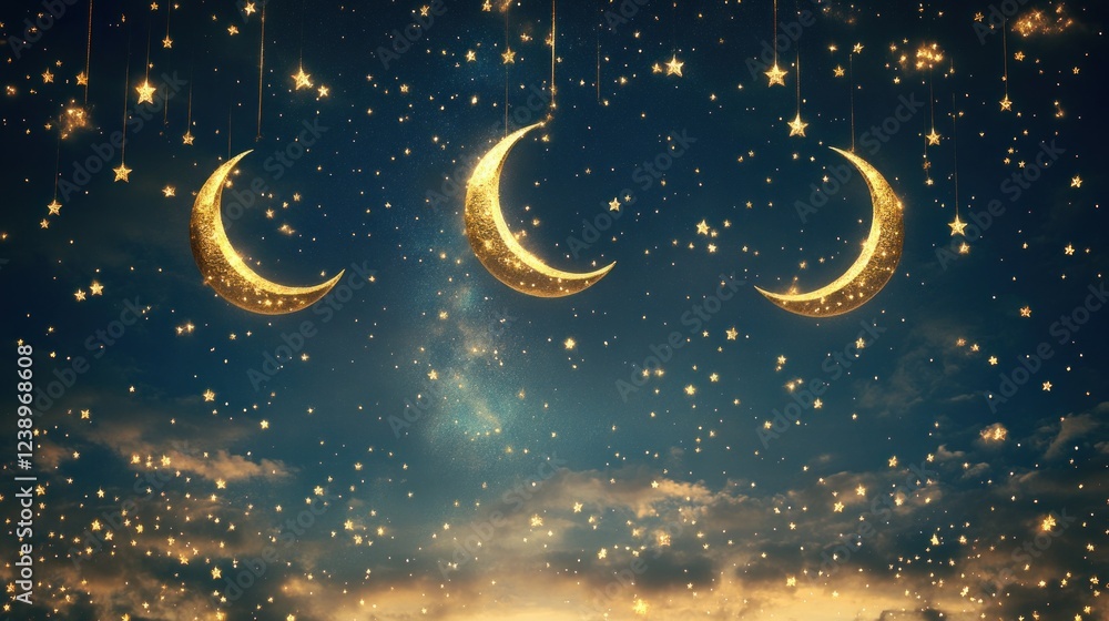 Naklejka premium Golden Moons and Stars Adorn a Night Sky
