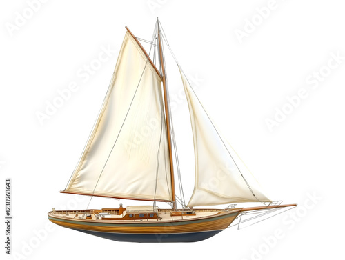 Classic wooden sailboat with white sails gracefully sailing on a calm sea, evoking dreams of adventure and maritime exploration, isolated on transparent background, PNG, cut out