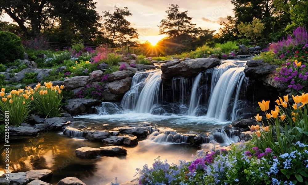 Obraz premium Sunset Over a Waterfall in a Garden with Rustic Wooden Bridges – Picturesque Landscape Design for a Cozy Nature Retreat