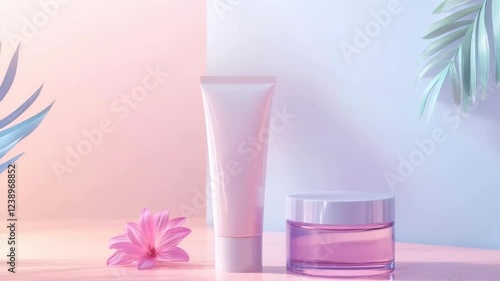 Two bottles of makeup are displayed on a table with a pink background. The bottles are next to a pink flower, which adds a touch of color and elegance to the scene. Scene is sophisticated and stylish