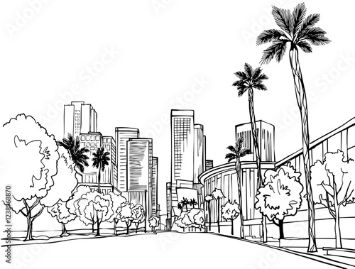 Nice view of modern Los Angeles. USA. Downtown. Hand drawn Urban sketch. Vector illustration. Urban landscape. Postcard style.