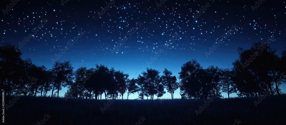 Naklejka premium Night sky filled with stars above silhouette of forest trees at dusk with gradient blue background and ample copy space for text
