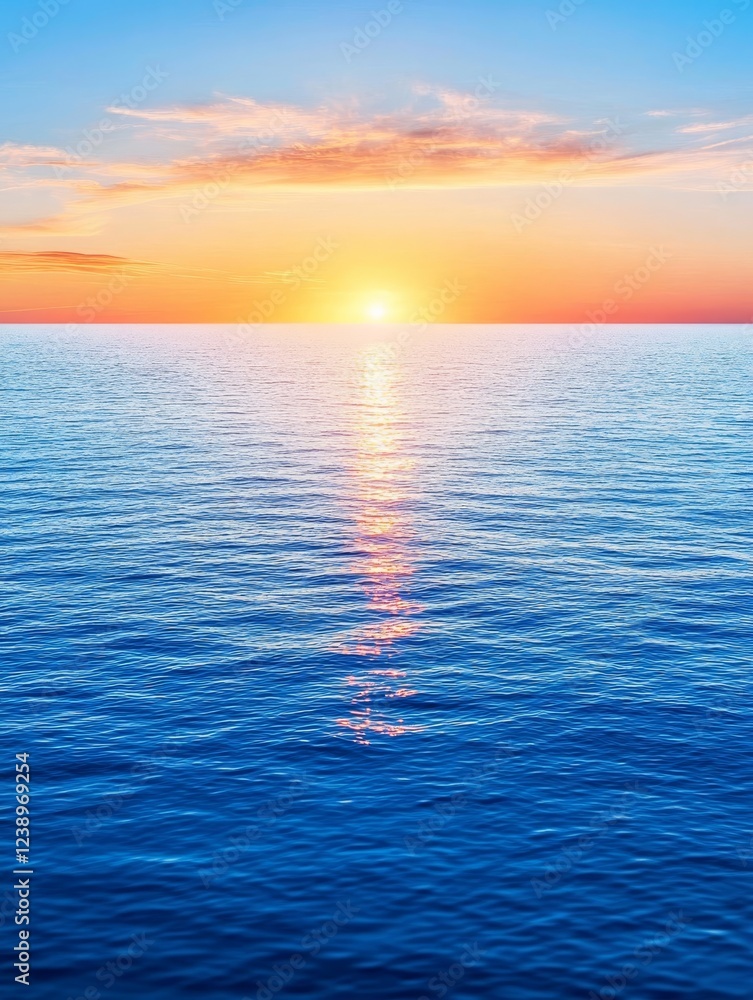Fototapeta premium Serene Sunset Sea - Tranquil ocean scene, sunset colors, peaceful atmosphere, golden hour, water reflection.