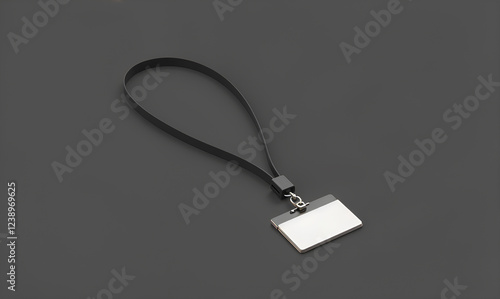 Blank black lanyard with white horizontal name badge mockup. photo