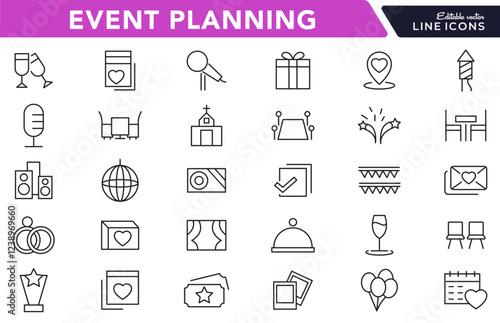 Event Planning line icon set. Containing date, schedule, management, catering, registration, wedding, coordination, invitation, birthday cake, buffet line icon set. UI thin line icon pack.