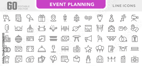 Event Planning line icon set. Containing date, schedule, management, catering, registration, wedding, coordination, invitation, birthday cake, buffet line icon set. UI thin line icon pack.