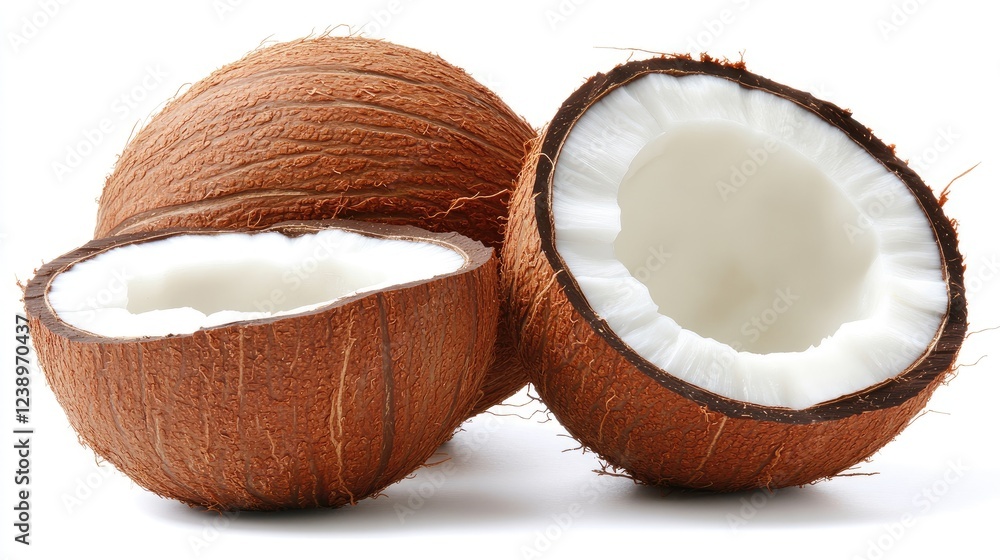A fresh coconut split open, revealing white coconut flesh, set on a white background for a simple, natural look. A fresh coconut split open, revealing white coconut flesh, set on a white background for a simple, natural look.