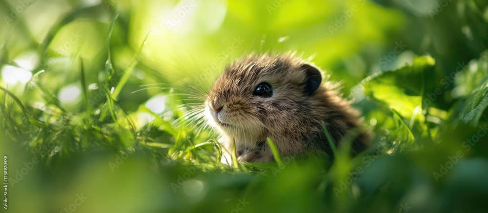 Young small mammal sitting in green grass with soft focus and natural sunlight, ideal for nature themes and wildlife imagery Copy Space Young small mammal sitting in green grass with soft focus and natural sunlight, ideal for nature themes and wildlife imagery Copy Space