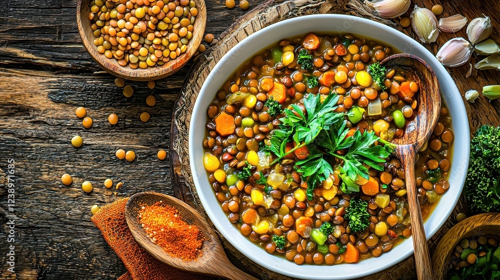 Colorful Lentil Soup with Fresh Herbs and Vegetables in Rustic Wooden Setting Colorful Lentil Soup with Fresh Herbs and Vegetables in Rustic Wooden Setting