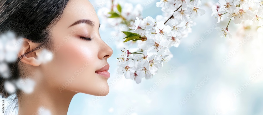 Young woman with closed eyes and serene expression surrounded by cherry blossom flowers in a soft blurred background Copy Space Young woman with closed eyes and serene expression surrounded by cherry blossom flowers in a soft blurred background Copy Space