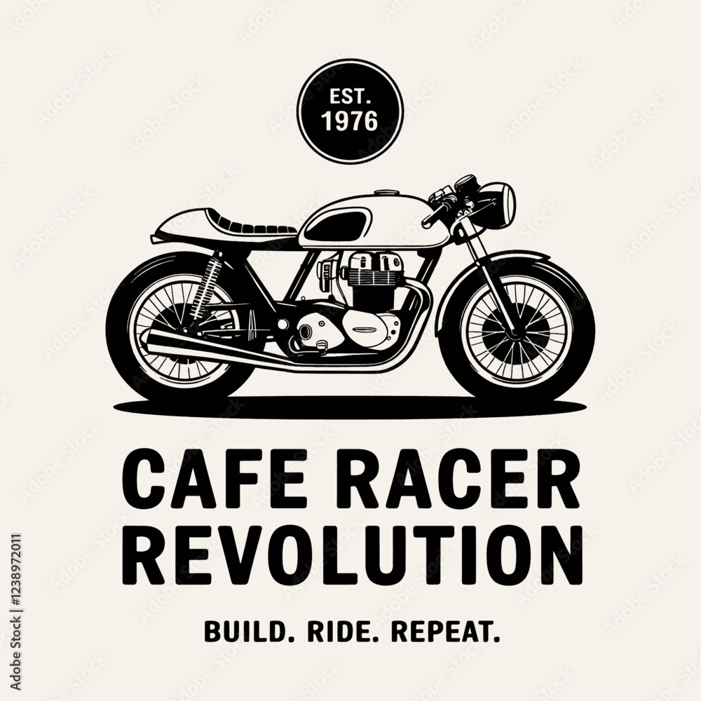 Join the Cafe Racer Revolution with this Stylish T-Shirt Design Featuring a Classic Motorcycle, Iconic Phrase 'Build. Ride. Repeat.' and Established 1976, Perfect for Motorbike Enthusiasts Join the Cafe Racer Revolution with this Stylish T-Shirt Design Featuring a Classic Motorcycle, Iconic Phrase 'Build. Ride. Repeat.' and Established 1976, Perfect for Motorbike Enthusiasts