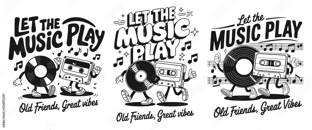 Fototapeta premium Fun and Nostalgic 'Let the Music Play' T-Shirt Design Featuring Retro Cassette and Vinyl Graphics, Perfect for Music Lovers and Friends Who Cherish Great Vibes and Memorable Moments