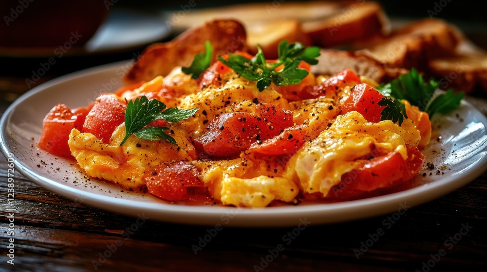 Delicious Scrambled Eggs with Tomatoes and Herbs on a Rustic Wooden Table Delicious Scrambled Eggs with Tomatoes and Herbs on a Rustic Wooden Table