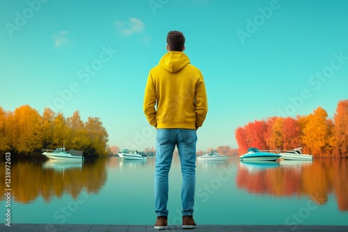 man standing near tranquil lake with distant boats
