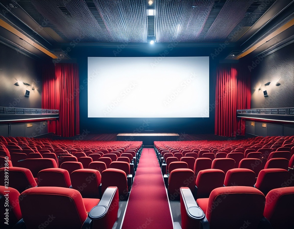 empty movie theater with vivid red seats and a large blank screen captured from the center aisle perspective showcasing a dramatic and cinematic ambiance