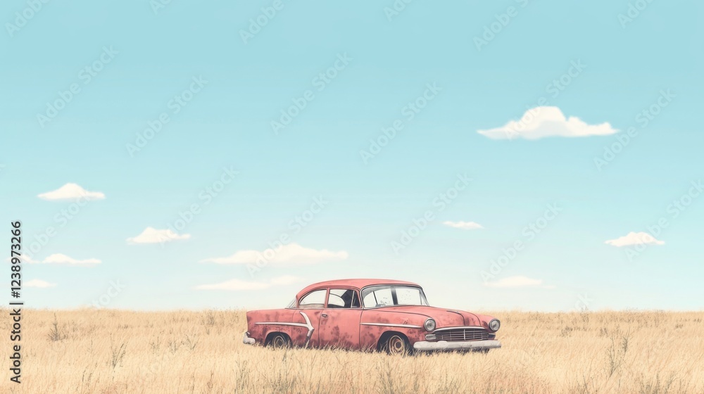 Rusty car in golden wheat field under blue sky Rusty car in golden wheat field under blue sky
