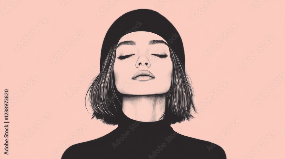 Serene woman, bob haircut, beret, pink background, minimalist illustration, fashion design Serene woman, bob haircut, beret, pink background, minimalist illustration, fashion design