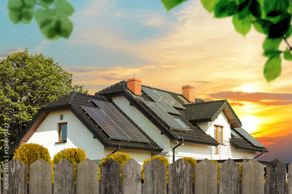 Φωτογραφία Green energy. House with solar panels on roof at sunset