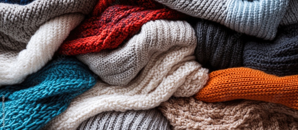 Colorful knitted sweaters and cardigans arranged in a stack showcasing various textures and patterns with warm tones and copy space Colorful knitted sweaters and cardigans arranged in a stack showcasing various textures and patterns with warm tones and copy space