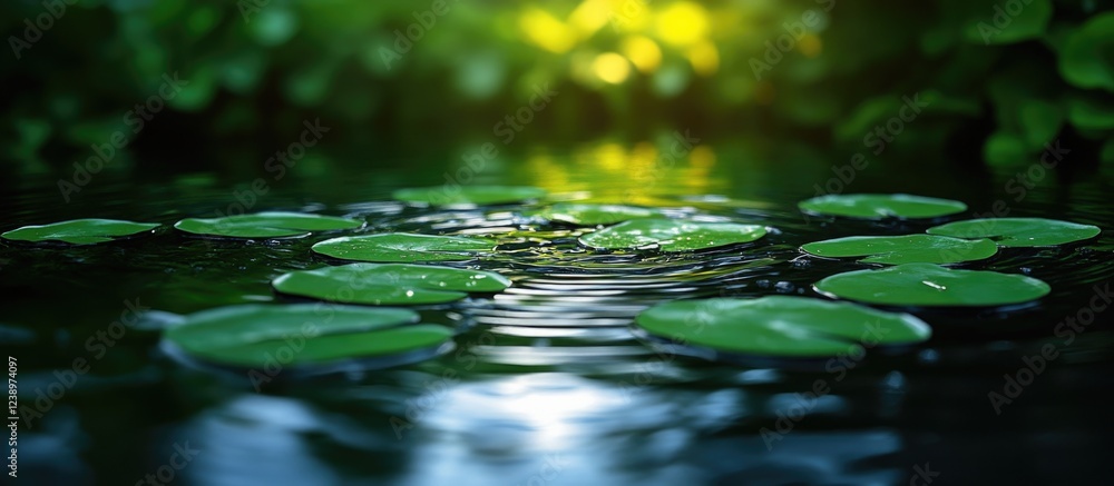 Lily pads on tranquil water surface with gentle ripples and soft sunlight in background Copy Space Lily pads on tranquil water surface with gentle ripples and soft sunlight in background Copy Space