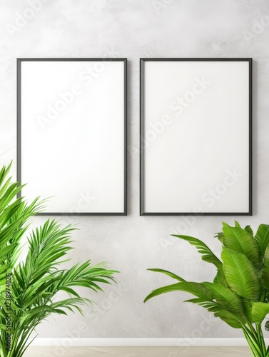 Elegant Blank Frames Mockup with Greenery - Modern minimalist design, showcasing two blank frames, ideal for showcasing artwork or photography.  Represents simplicity, elegance, and natural beauty