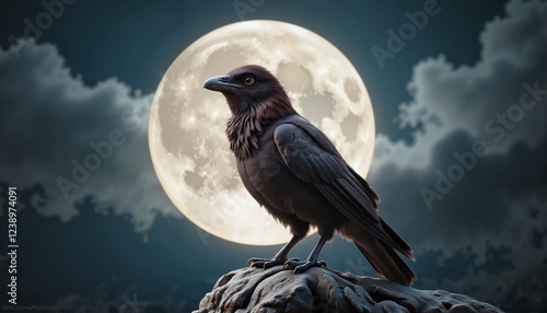 The Wheel of the Year. Raven perched on rock against full moon background