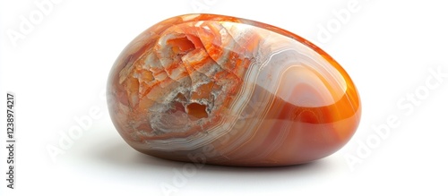 Polished orange agate stone with banded patterns and natural textures set on a white background ideal for product display Copy Space photo